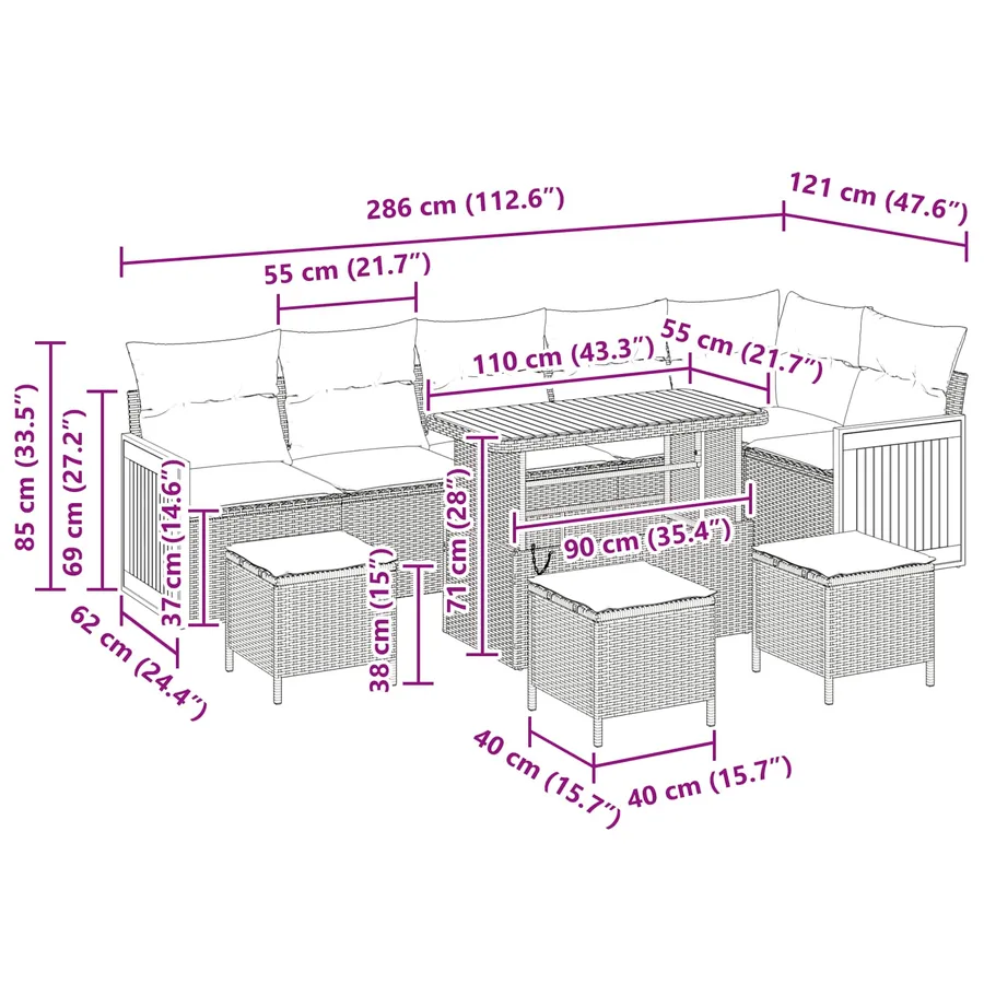 Ensemble de canapé de jardin avec coussin 12 pcs Noir polyrotin - 14