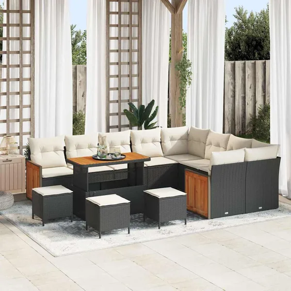 Ensemble de canapé de jardin 14 pcs Noir et Crème polyrotin