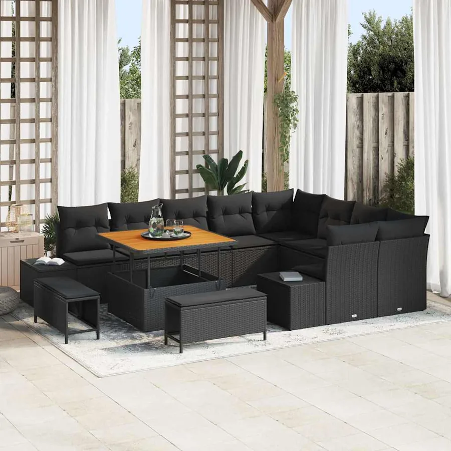 Ensemble de canapé de jardin avec coussin 12 pcs Noir polyrotin