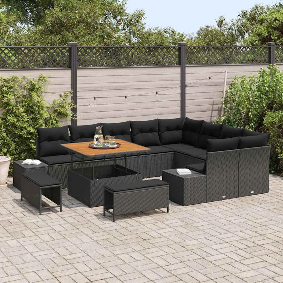 Ensemble de canapé de jardin avec coussin 12 pcs Noir polyrotin - 3
