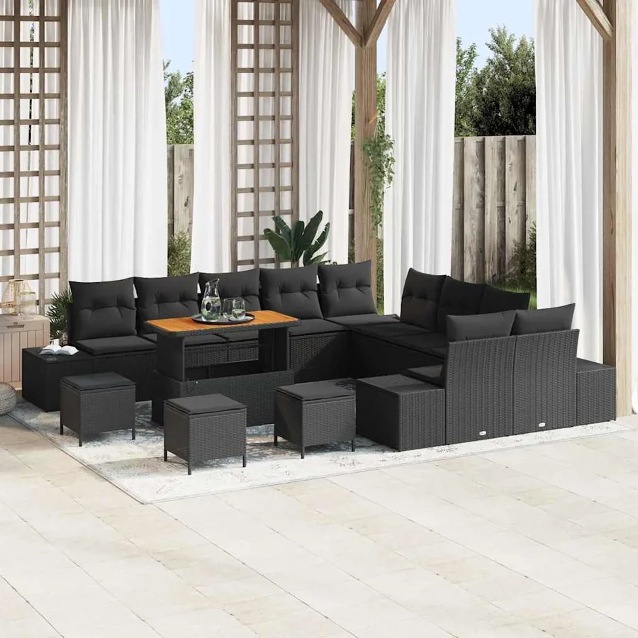 Ensemble de canapé de jardin avec coussin 14 pcs Noir polyrotin