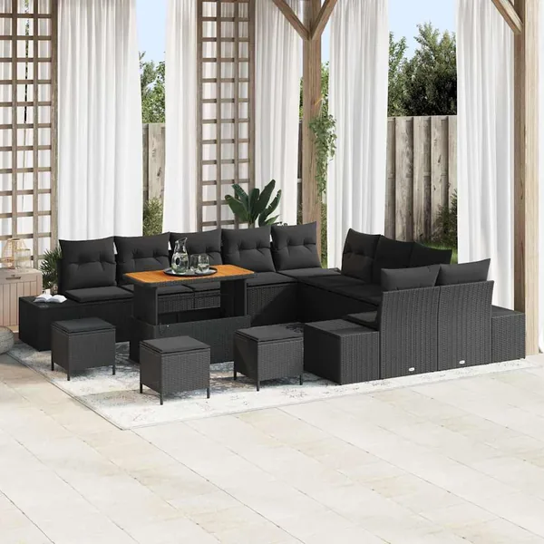 Ensemble de canapé de jardin avec coussin 14 pcs Noir polyrotin