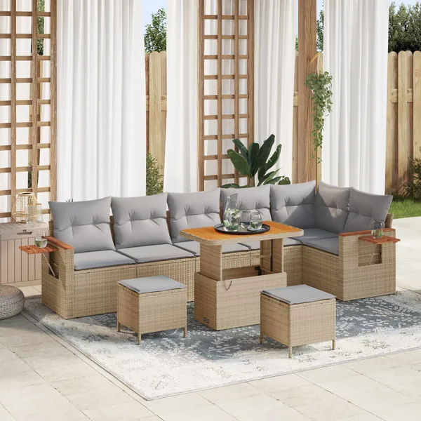 Ensemble de canapé de jardin 9 pcs Beige polyrotin