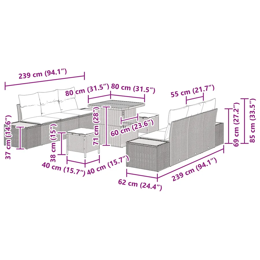 Ensemble de canapé de jardin avec coussin 9 pcs Gris - 12