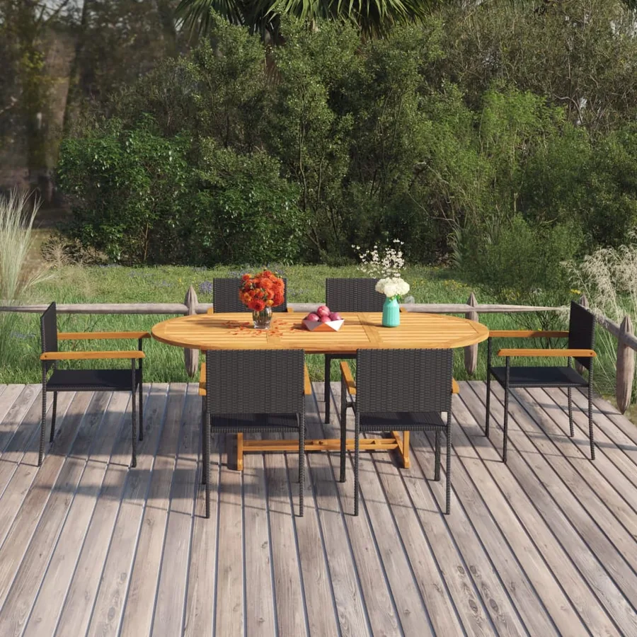 Ensemble à manger de jardin 7 pcs Résine tressée Noir