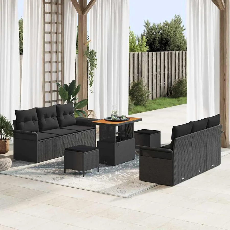 Ensemble de canapé de jardin avec coussin 9 pcs Noir polyrotin