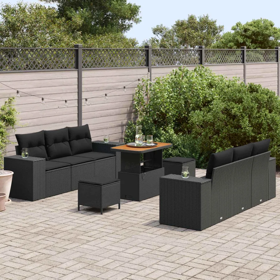 Ensemble de canapé de jardin avec coussin 9 pcs Noir Poly rotin - 3
