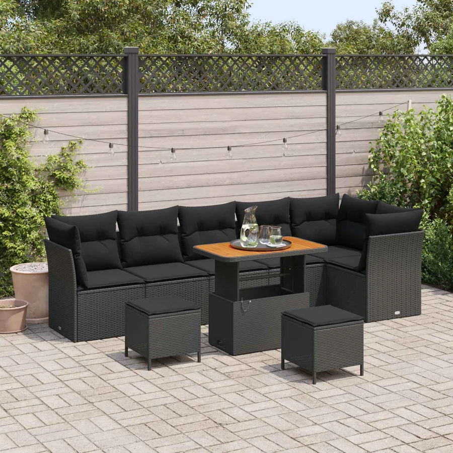 Ensemble de canapé de jardin 9 pcs Noir polyrotin