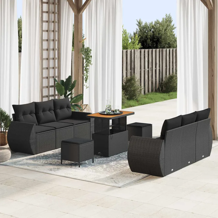 Ensemble de canapé de jardin avec coussin 9 pcs Noir polyrotin