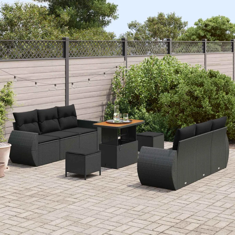 Ensemble de canapé de jardin avec coussin 9 pcs Noir polyrotin - 3