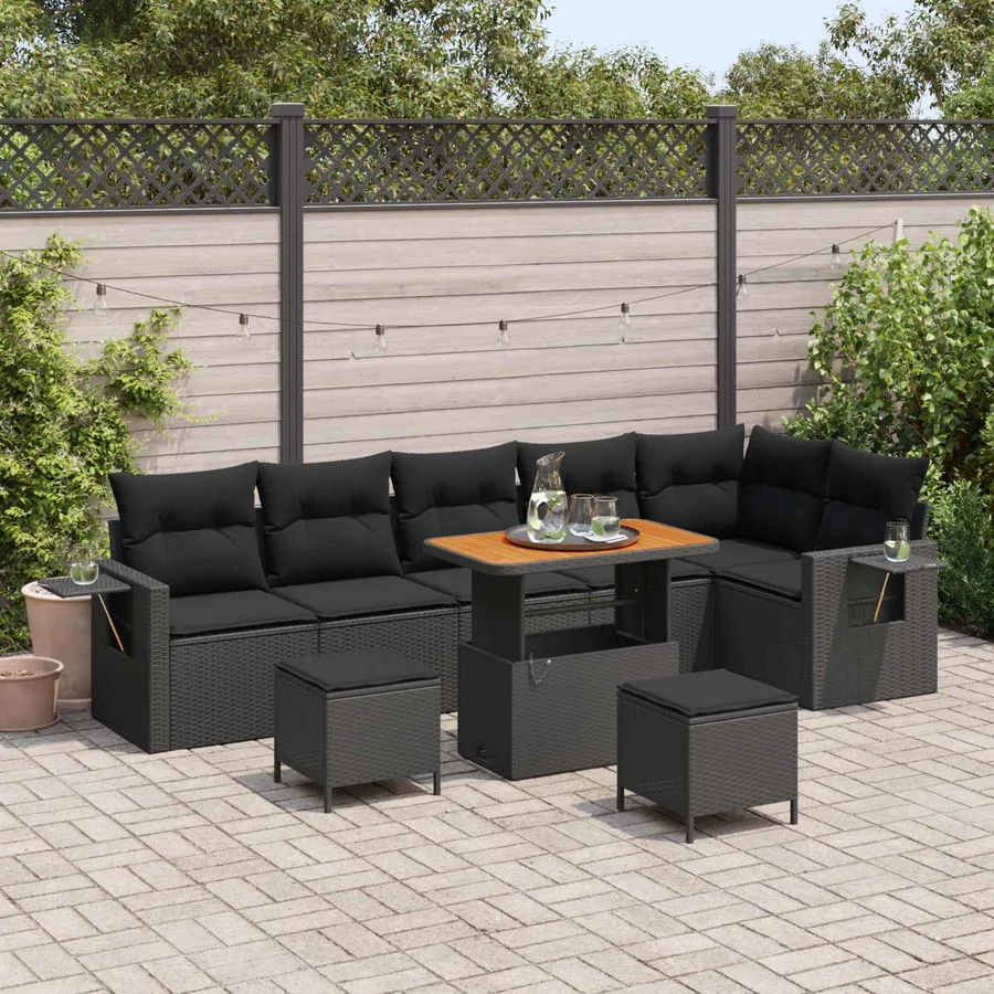 Ensemble de canapé de jardin 9 pcs Noir polyrotin