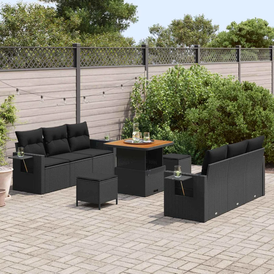 Ensemble de canapé de jardin avec coussin 9 pcs Noir polyrotin - 3