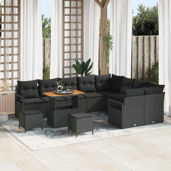 Ensemble de canapé de jardin avec coussin 12 pcs Noir polyrotin
