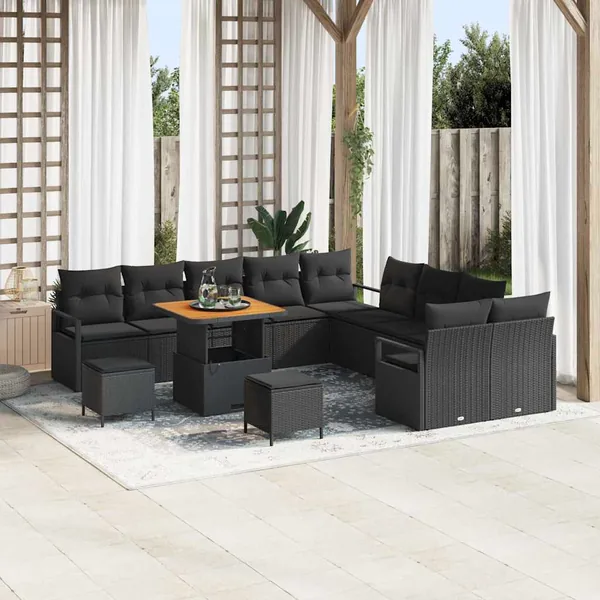 Ensemble de canapé de jardin avec coussin 13 pcs Noir polyrotin