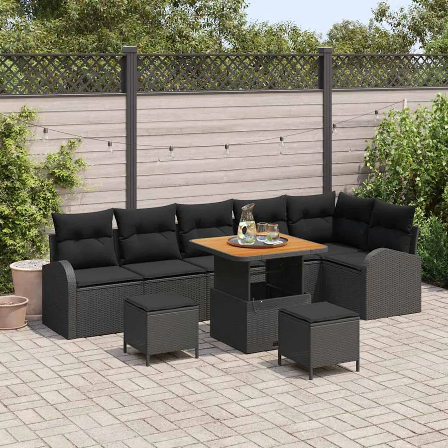 Ensemble de canapé de jardin avec coussin 9 pcs Noir polyrotin