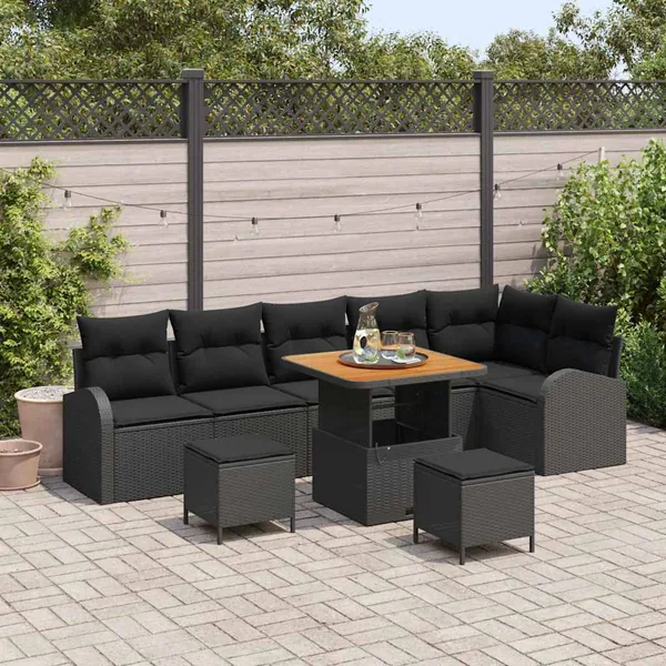 Ensemble de canapé de jardin avec coussin 9 pcs Noir polyrotin