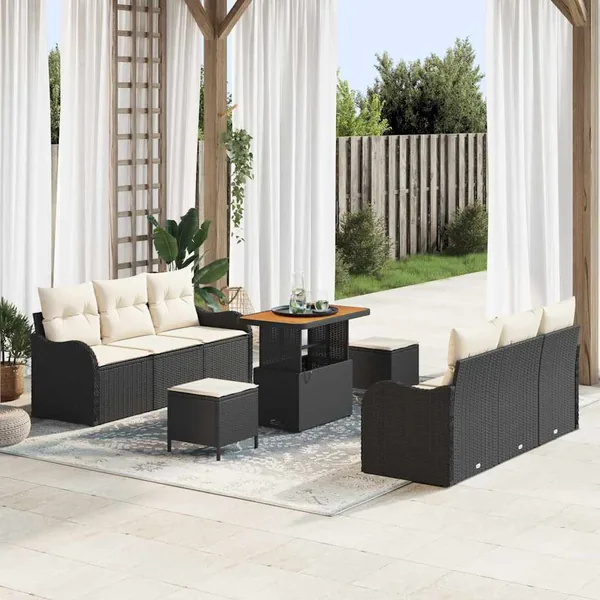 Ensemble de canapé de jardin avec coussin 9 pcs Noir polyrotin
