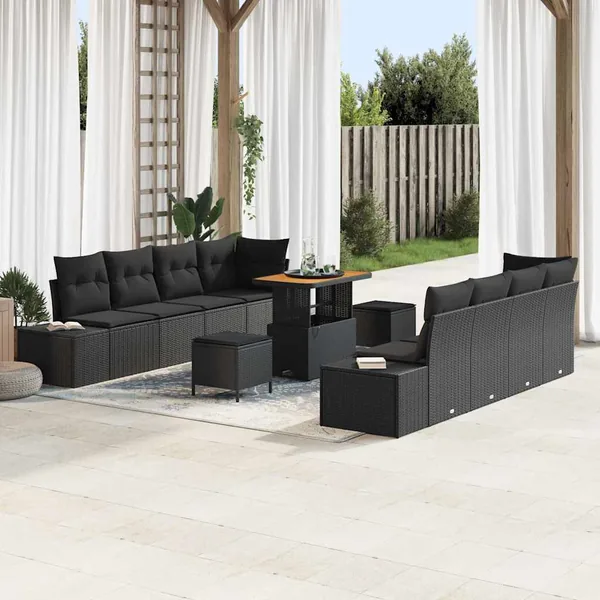 Ensemble de canapé de jardin avec coussin 11 pcs Noir polyrotin