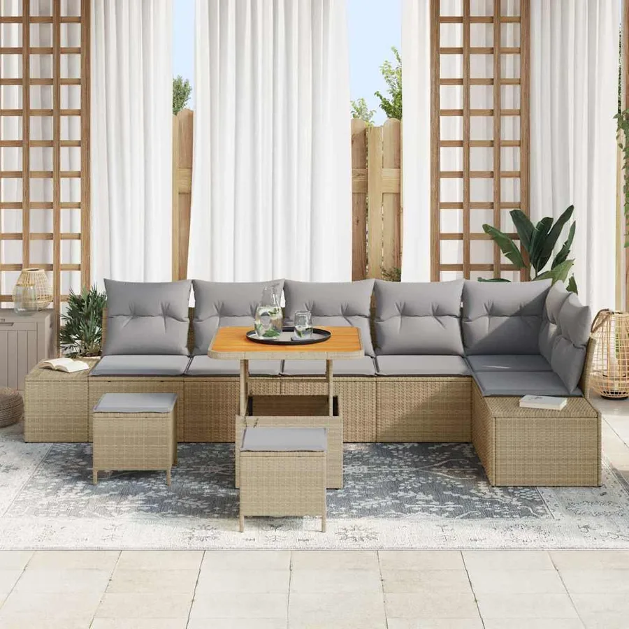 Ensemble de canapé de jardin avec coussin 9 pcs Beige polyrotin - 3