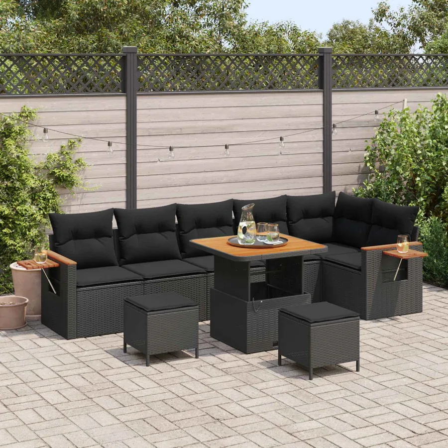 Ensemble de canapé de jardin 9 pcs Noir polyrotin