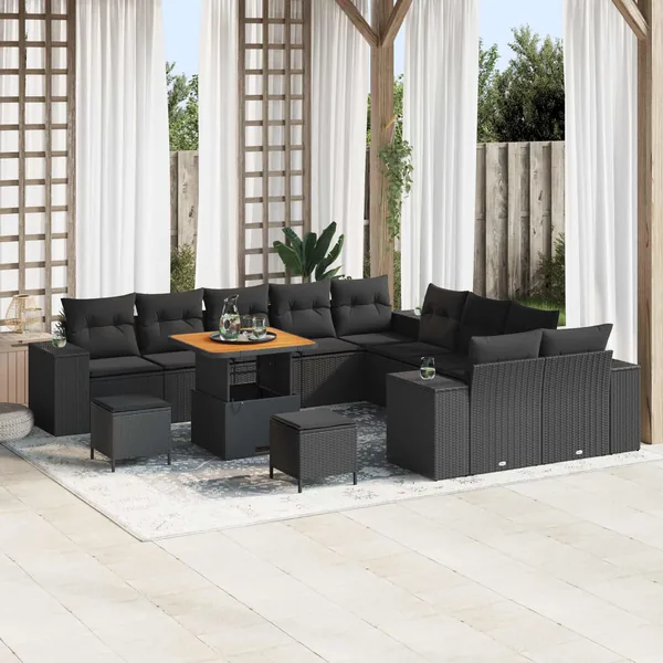 Ensemble de canapé de jardin avec coussin 13 pcs Noir polyrotin