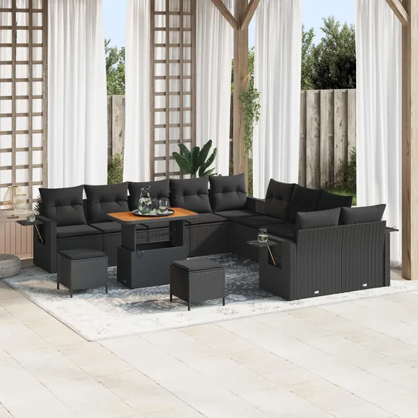 Ensemble de canapé de jardin avec coussin 13 pcs Noir polyrotin