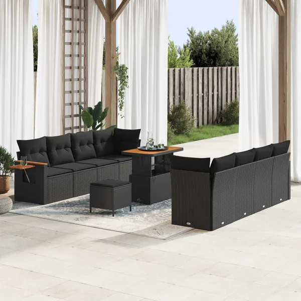 Ensemble de canapé de jardin avec coussin 12 pcs Noir polyrotin