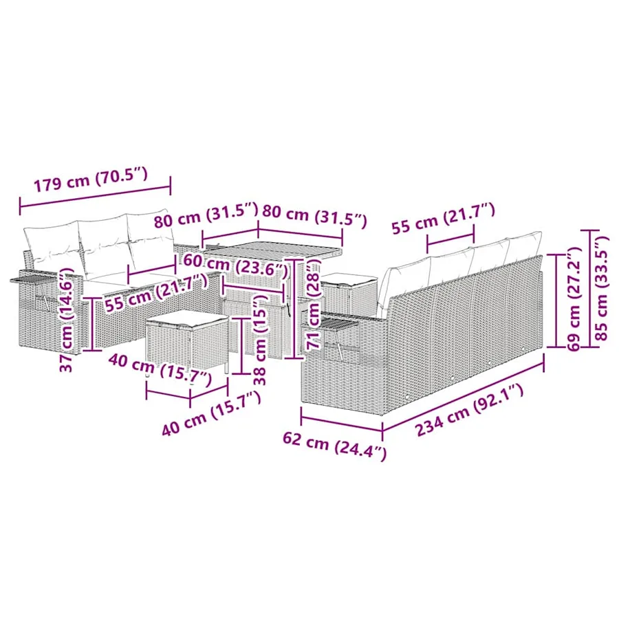 Ensemble de canapé de jardin 10 pcs Noir polyrotin - 13