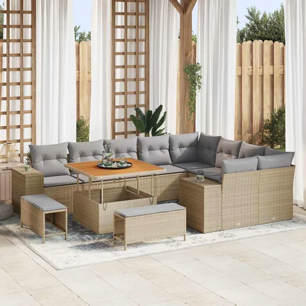 Ensemble de canapé de jardin 12 pcs Beige polyrotin