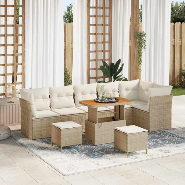 Ensemble de canapé de jardin 9 pcs Beige polyrotin