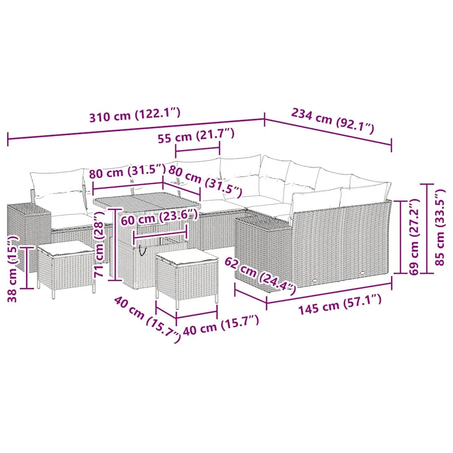 Ensemble de canapé de jardin avec coussin 12 pcs Noir polyrotin - 14