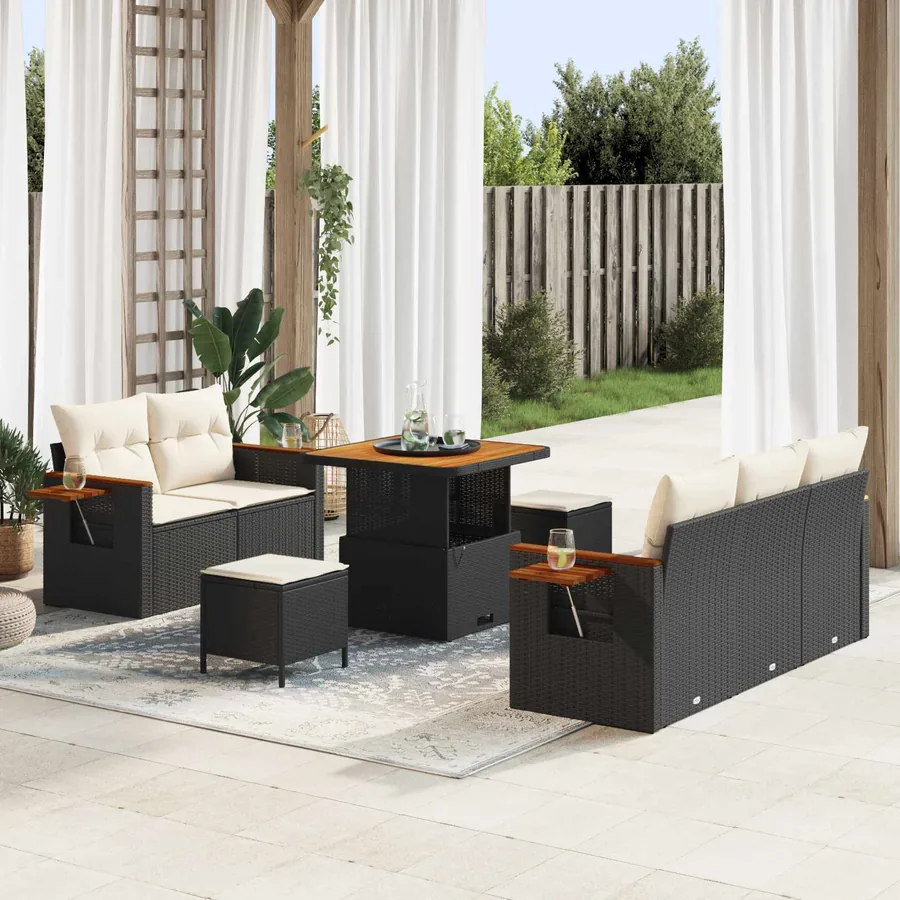 Ensemble de canapé de jardin 8 pcs Noir polyrotin