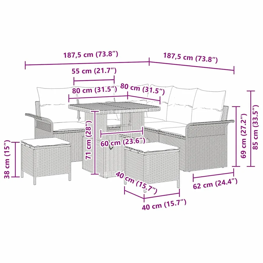 Ensemble de canapé de jardin avec coussin 8 pcs Noir polyrotin - 14