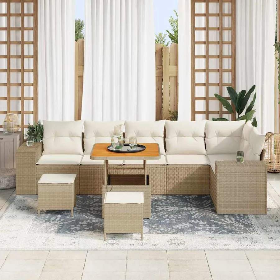 Ensemble de canapé de jardin avec coussin 9 pcs Beige polyrotin - 3