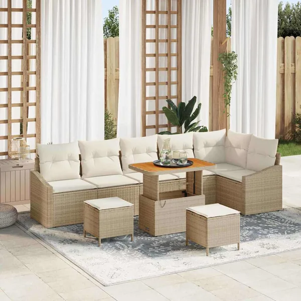 Ensemble de canapé de jardin avec coussin 9 pcs Beige polyrotin