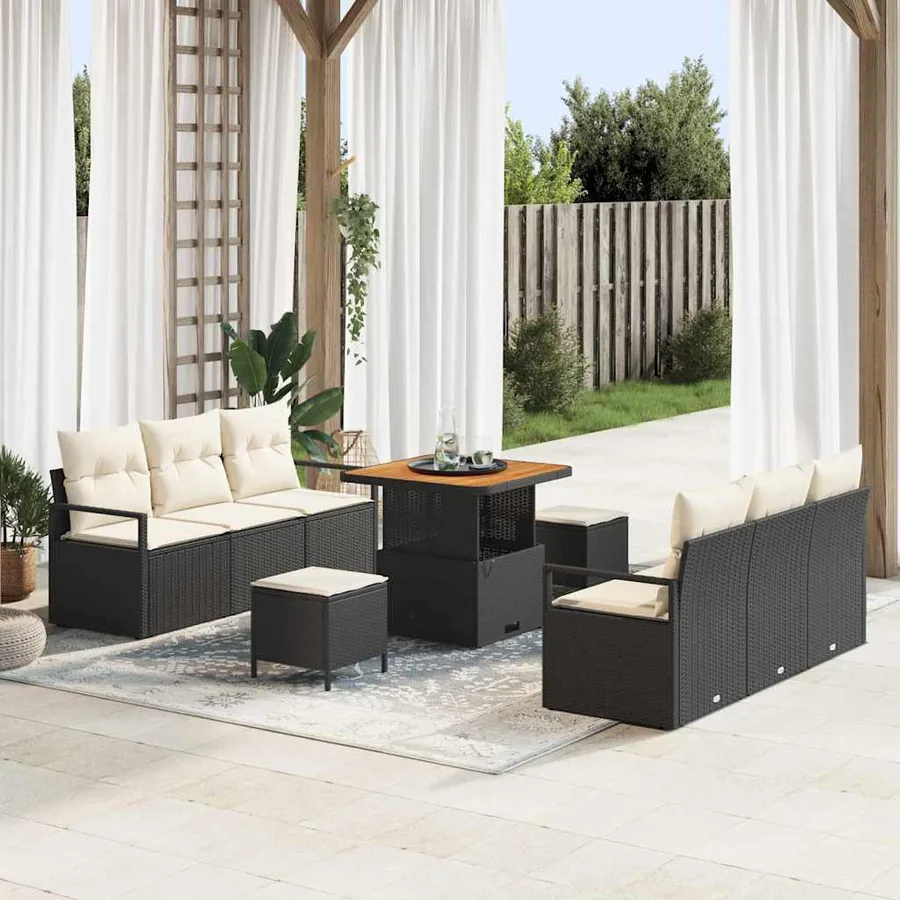 Ensemble de canapé de jardin avec coussin 9 pcs Noir polyrotin