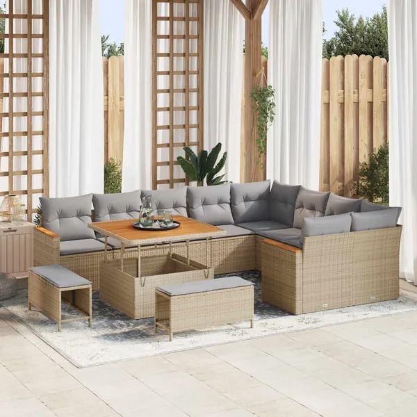 Ensemble de canapé de jardin 12 pcs Beige polyrotin