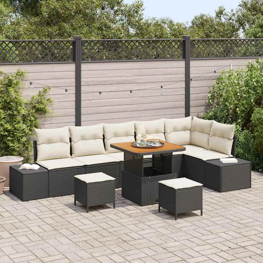 Ensemble de canapé de jardin avec coussin 9 pcs Noir polyrotin
