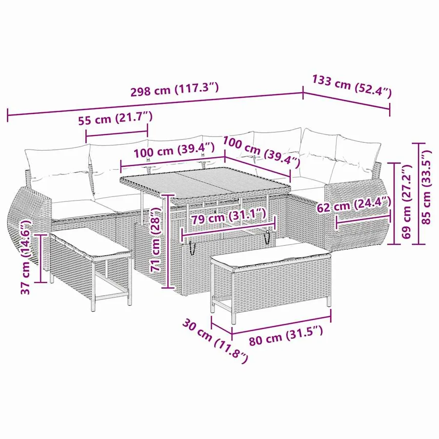 Ensemble de canapé de jardin 9 pcs Gris Poly Rattan - 18