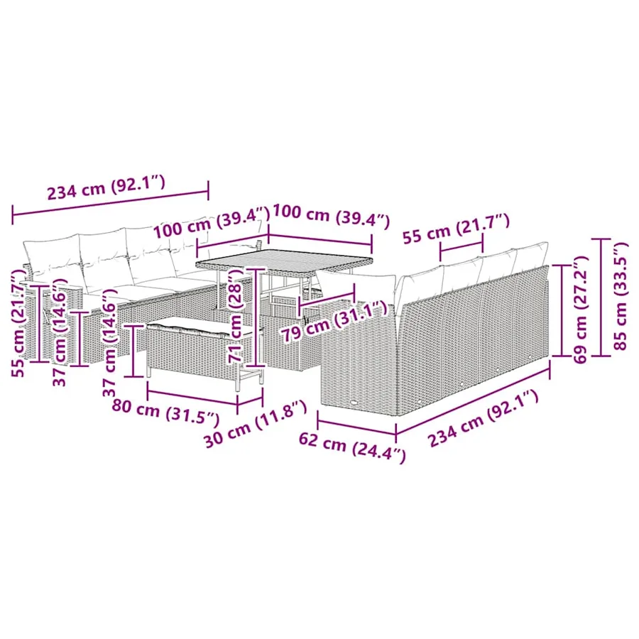 Ensemble de canapé de jardin avec coussin 12 pcs Gris polyrotin - 19