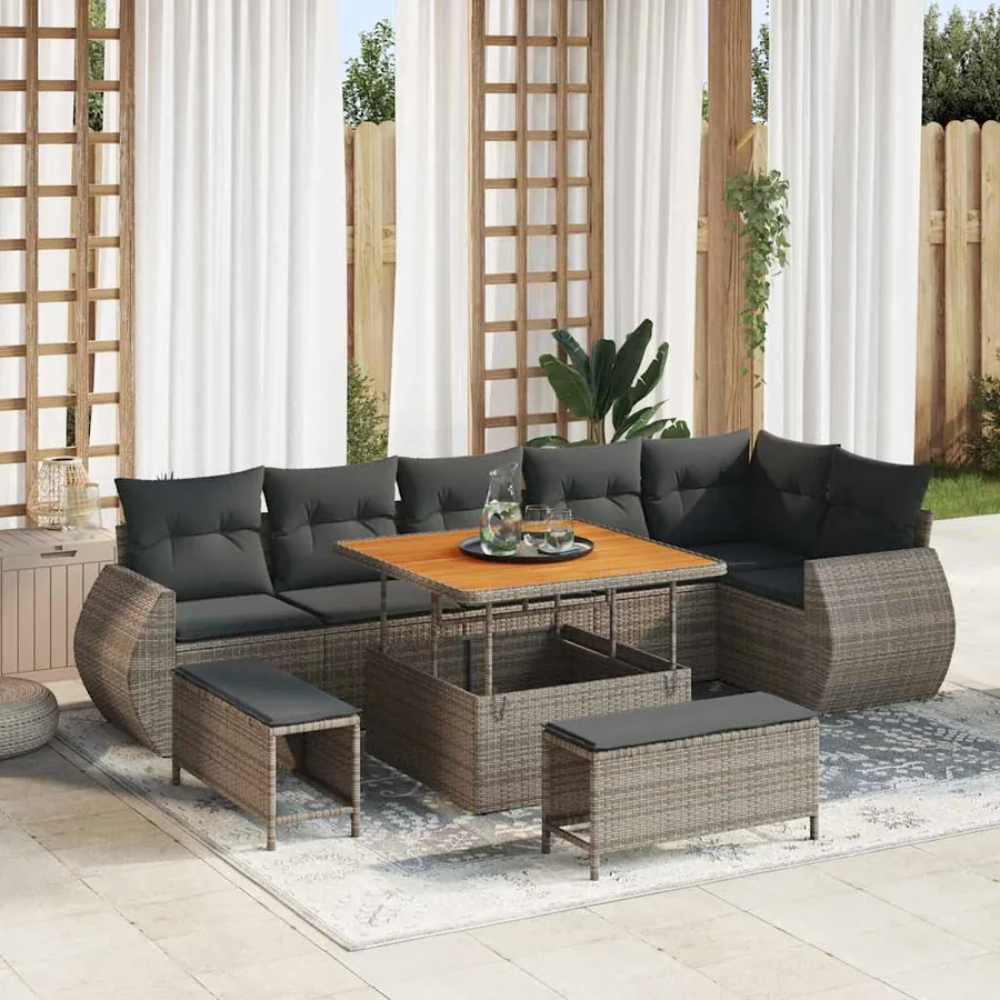 Ensemble de canapé de jardin 9 pcs Gris polyrotin