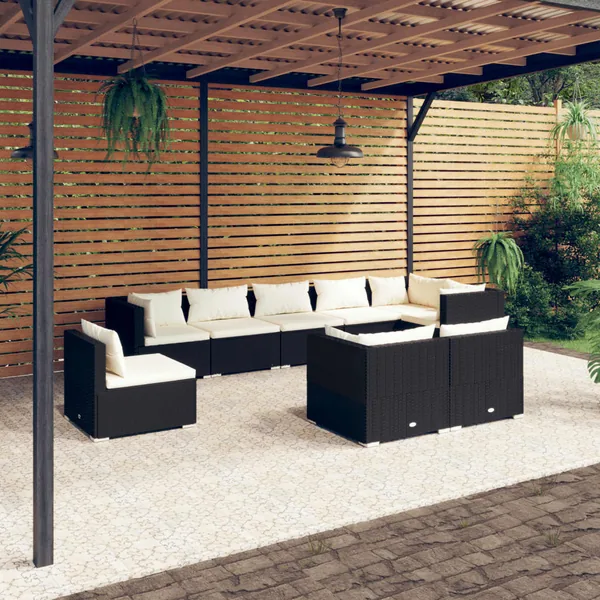 Salon de jardin 9 pcs avec coussins Résine tressée Noir