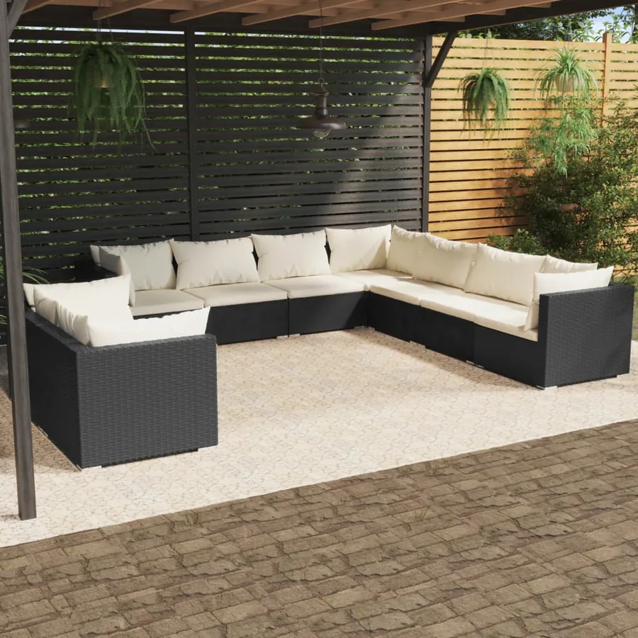 Salon de jardin 9 pcs avec coussins Noir Résine tressée