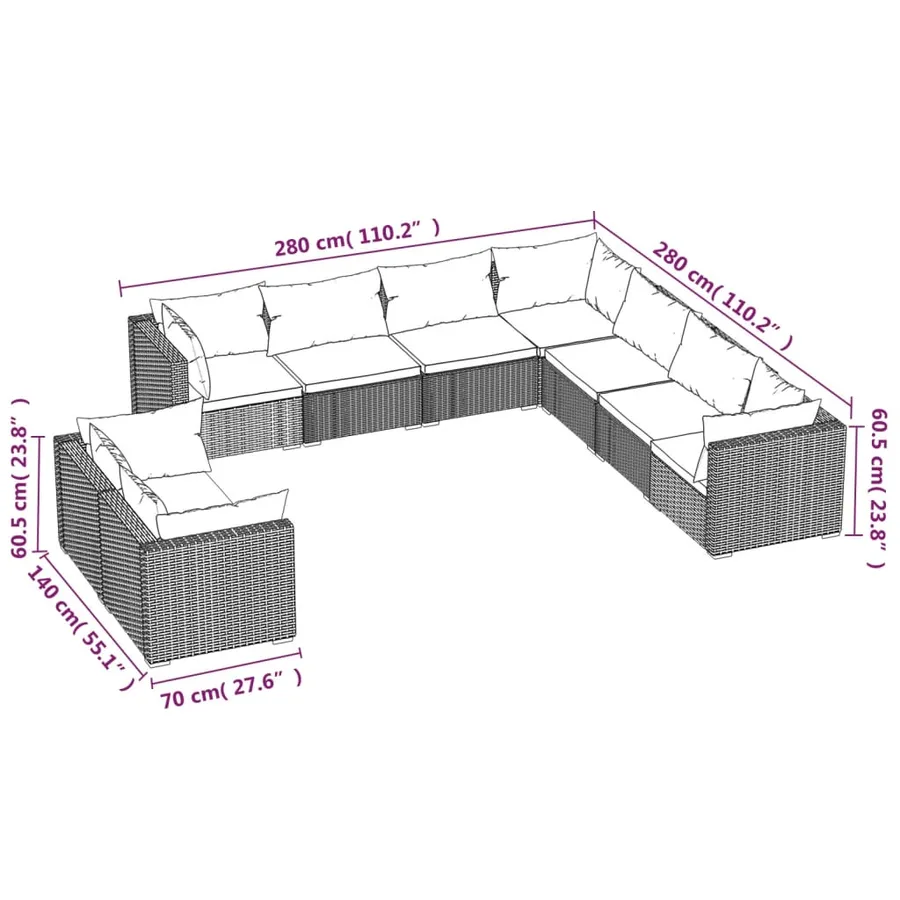 Salon de jardin 9 pcs avec coussins Noir Résine tressée - 5