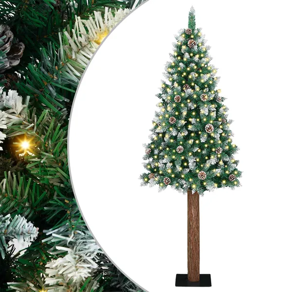 Sapin de Noël mince Vert 210 cm PVC et bois de pin massif