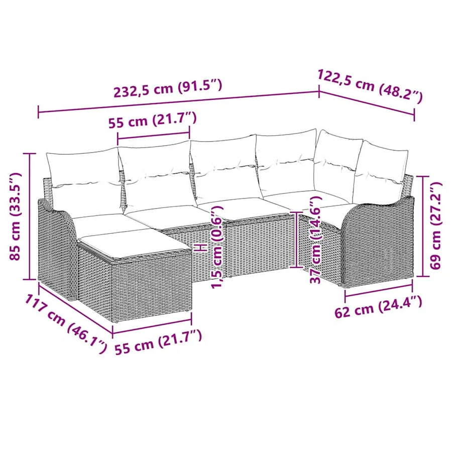 Ensemble de canapé de jardin 6 pcs Marron et blanc Poly rotin - 14