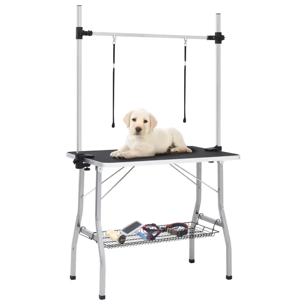 Table de toilettage réglable de chiens avec 2 boucles et panier