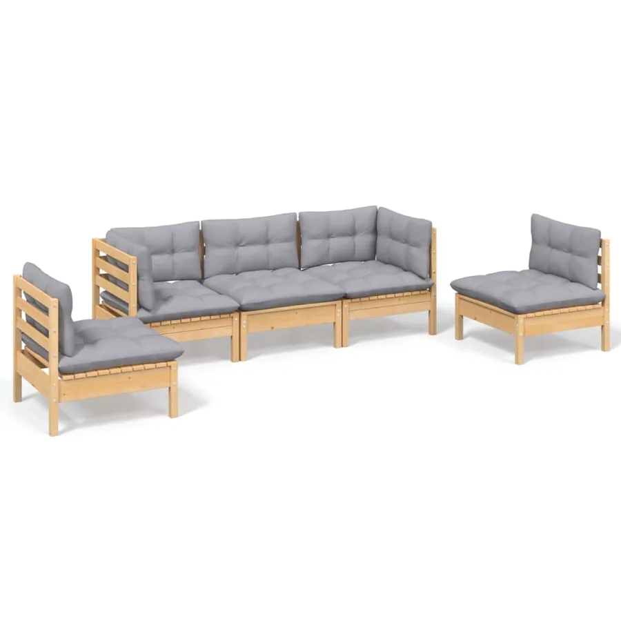 Salon de jardin 5 pcs avec coussins gris bois de pin massif - 2