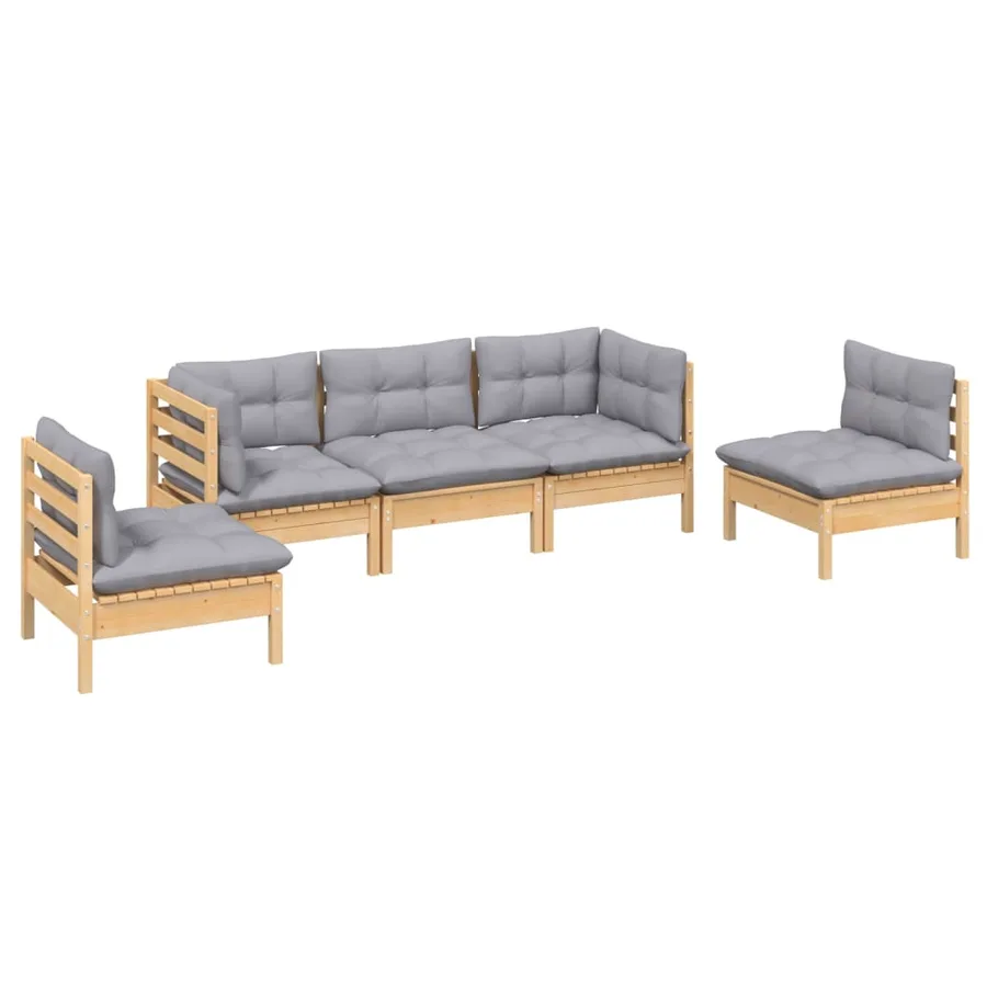 Salon de jardin 5 pcs avec coussins gris bois de pin massif - 3