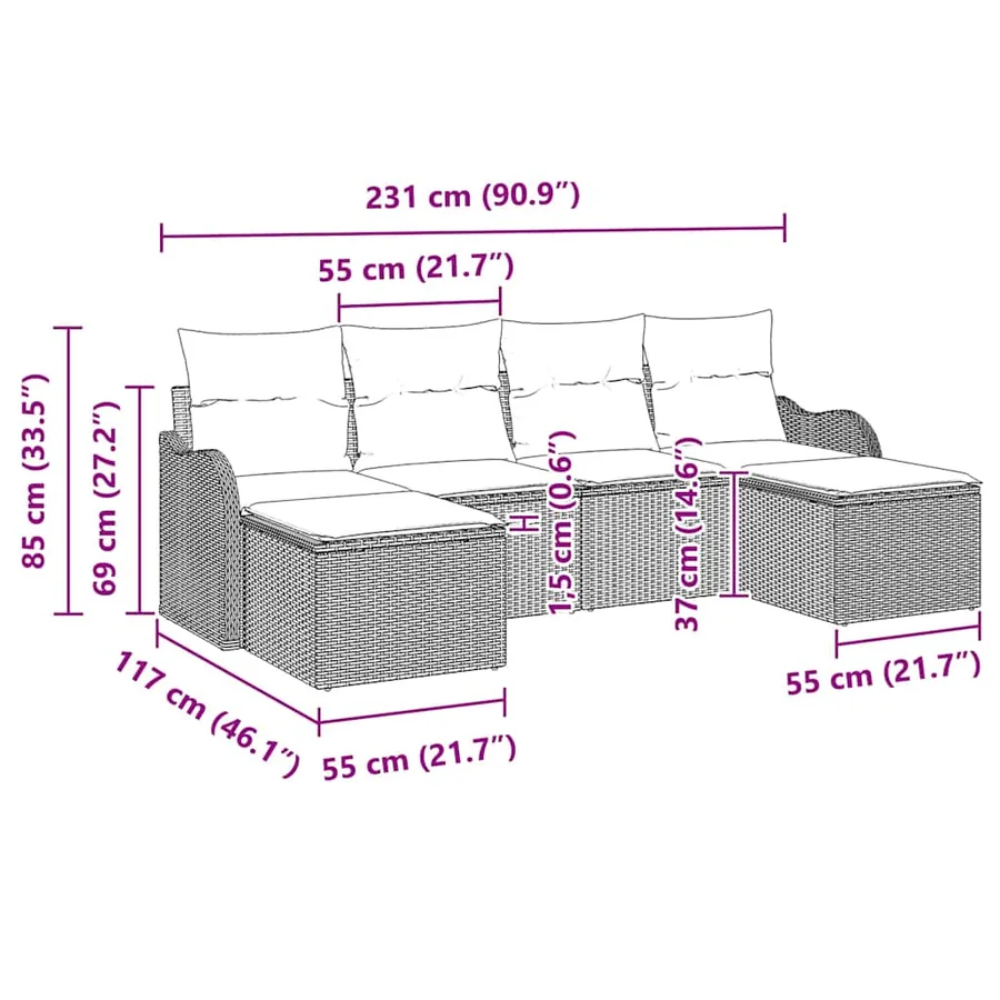 Ensemble de canapé de jardin 6 pcs Marron et blanc Poly rotin - 12